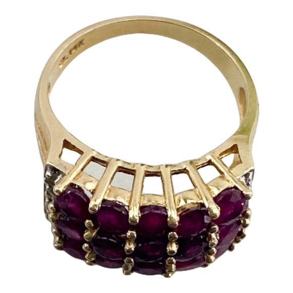 14k Solid Yellow Gold Estate Genuine Ruby Diamond Cocktail Pave Ring - Picture 4 of 9
